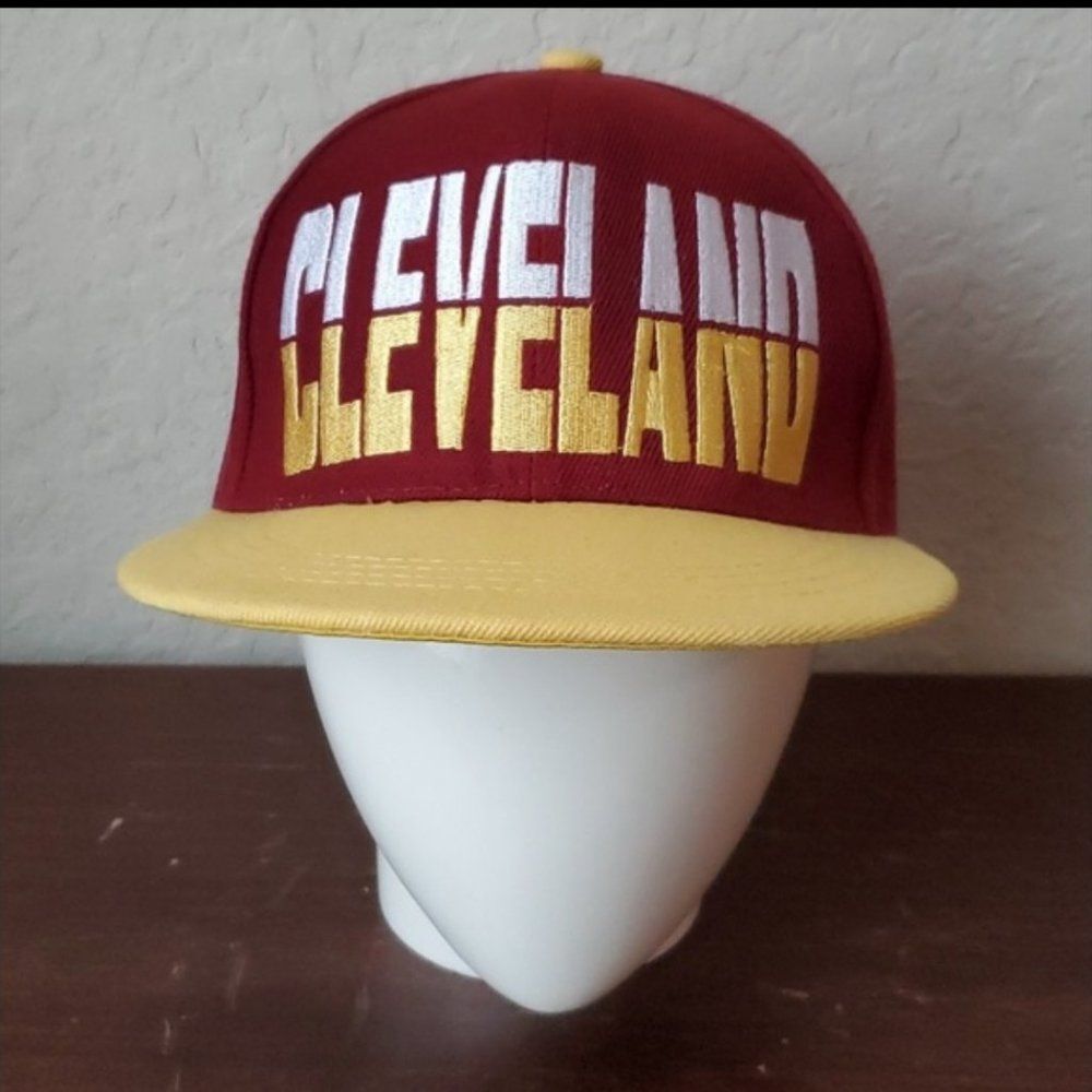 Cleveland Snapback Hat Wine Burgundy Gold White Embroidered Flat Bill Cap